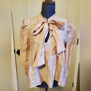 Cream Blouse with Puff Sleeves and Tie Front